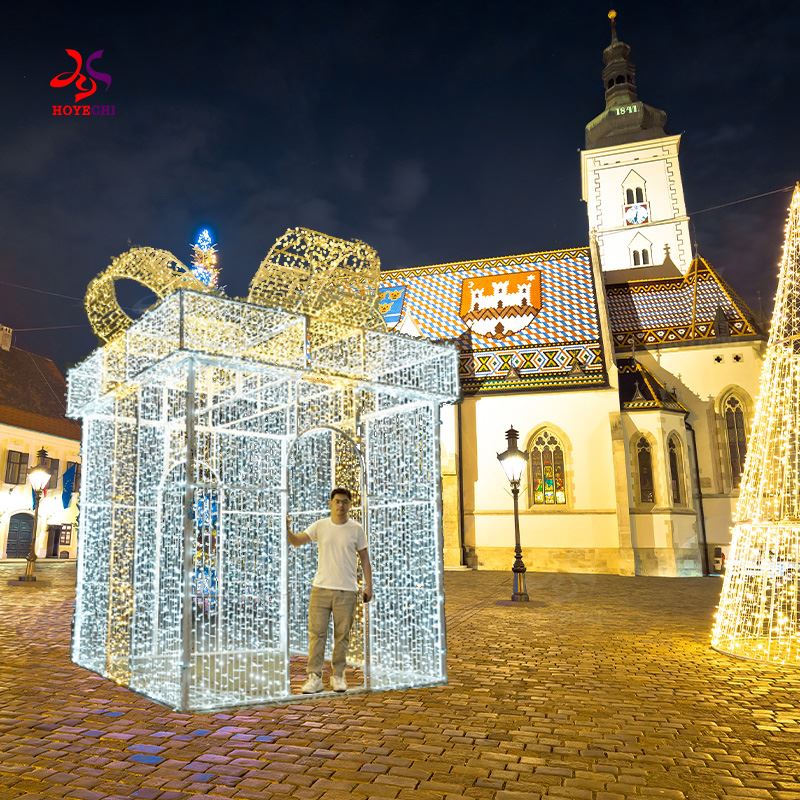 „Hoyechi 3D“ milžiniška dovanų dėžutė formos kalėdinės dekoravimo šviesa komercinės gatvės kalėdinės lemputės
